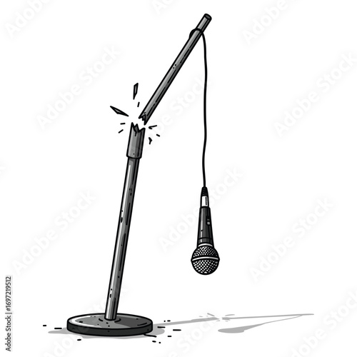 Broken Microphone Stand Cartoon Illustration Symbolizing Failure Mishap or Creative Block