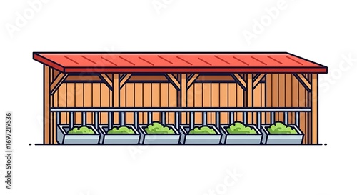 Stylized illustration of wooden livestock feeder with ample green fodder