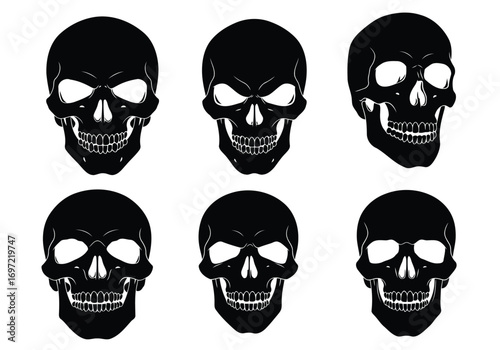 Skull silhouettes with exaggerated eye sockets and sharp teeth detail