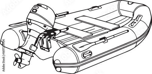 Detailed, realistic outline drawing of an inflatable boat with an outboard motor and oars.