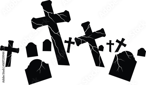 Cross gravestone silhouettes with cracked and leaning shapes in clean black vector style