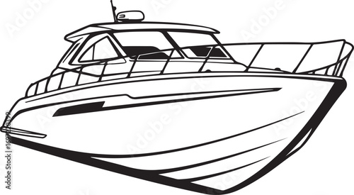 Black and white line art of a motor yacht on a white background, viewed from the front side