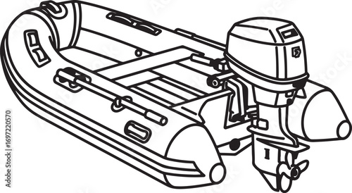 Accurate outline drawing of an inflatable boat with an outboard motor, on a white background.