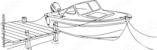 Line art drawing of a fishing boat tied to a wooden dock with buoys.