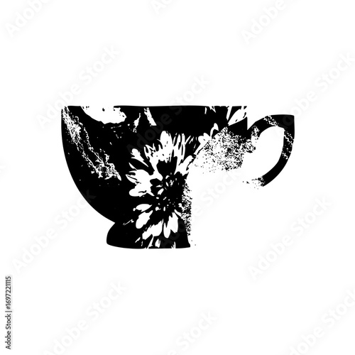 Vector Floral teacup with a distressed texture.