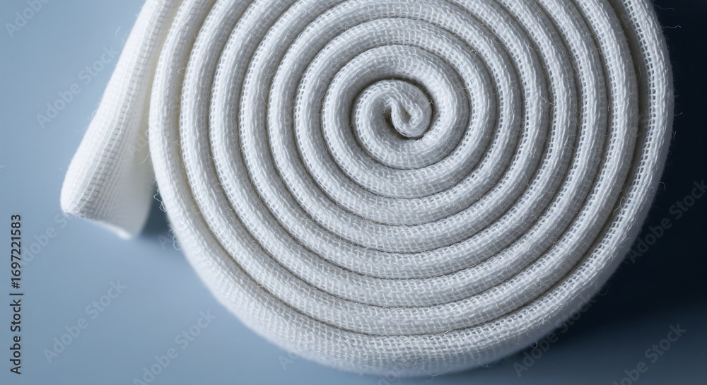 Fototapeta premium Close up of a tightly rolled white elastic bandage on a blue surface in a spiral pattern