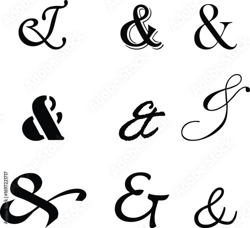 Ampersand icon set modern vector illustration designed with elegant curves, minimal balance, and timeless typographic style, representing the universal symbol of “and” widely used in design, branding,