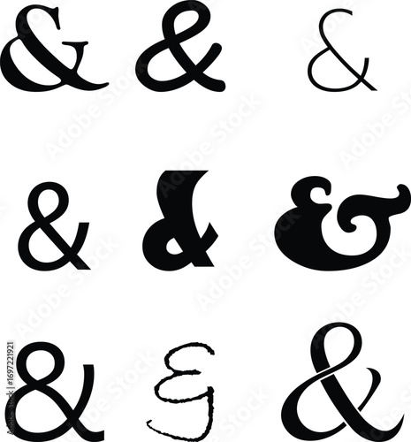 Ampersand icon set modern vector illustration designed with elegant curves, minimal balance, and timeless typographic style, representing the universal symbol of “and” widely used in design, branding,