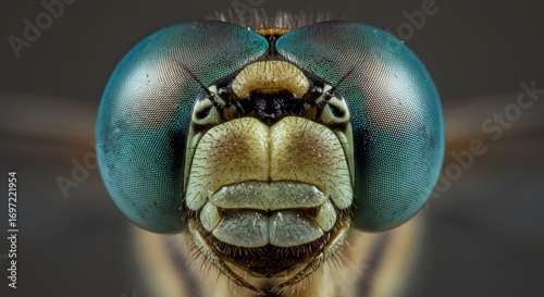 Extreme closeup of a dragonfly head showcasing its large compound eyes and intricate mouthparts in vivid detail