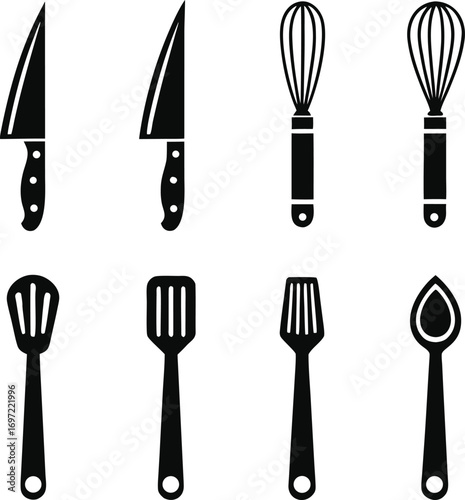 basic, culinary, utensils, for, cooking, preparation, showcasing, chef, knives, also, a, whisk, spatula, spoon