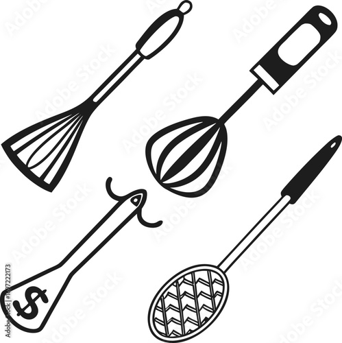 stylized, kitchen, utensil, illustrations, showcasing, a, whisk, skimmer, plus, a, conceptual, money, spatula