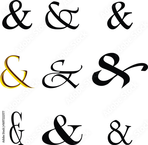 Ampersand icon set modern vector illustration designed with elegant curves, minimal balance, and timeless typographic style, representing the universal symbol of “and” widely used in design, branding,