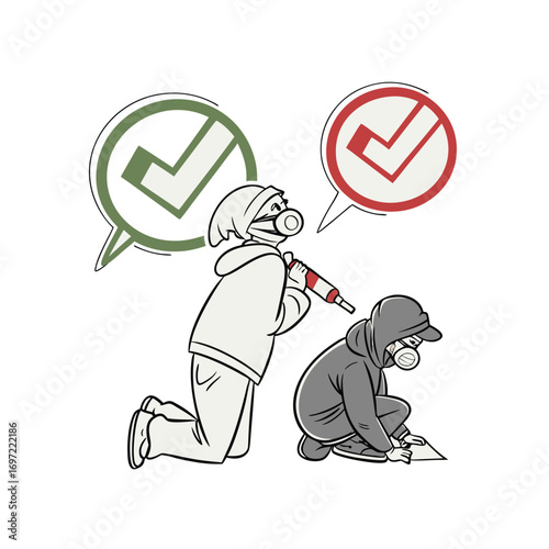Graffiti Artists with Check Marks,  unique illustration of two urban artists in masks, painting check marks
 
 