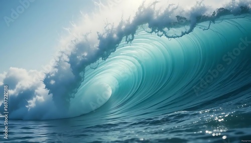 Fototapeta Naklejka Na Ścianę i Meble -  Powerful ocean wave curling and breaking with sea foam under a bright sunny sky seascape