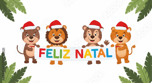 Feliz natal christmas animals cartoon vector illustration santa hats monkey lion tiger bear holiday season vector
