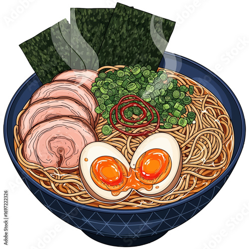 A bowl of steaming ramen with sliced pork, soft-boiled eggs, and green onions, served in a traditional setting