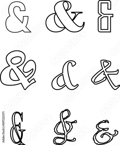 Ampersand icon set modern vector illustration designed with elegant curves, minimal balance, and timeless typographic style, representing the universal symbol of “and” widely used in design, branding,