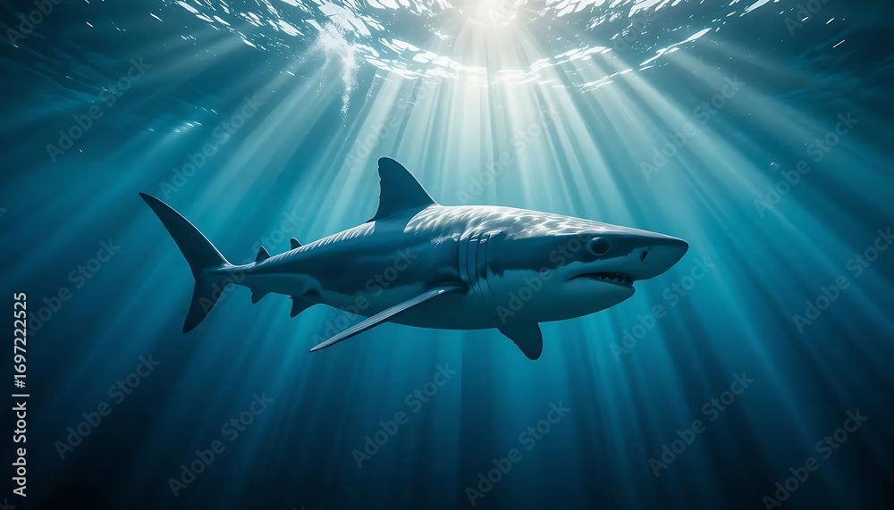 Fototapeta premium Great white shark swimming in the deep blue ocean illuminated by sun rays from the surface