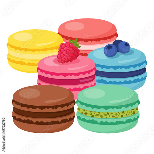 Colorful assortment of macarons arranged artistically on a white background, perfect for dessert displays