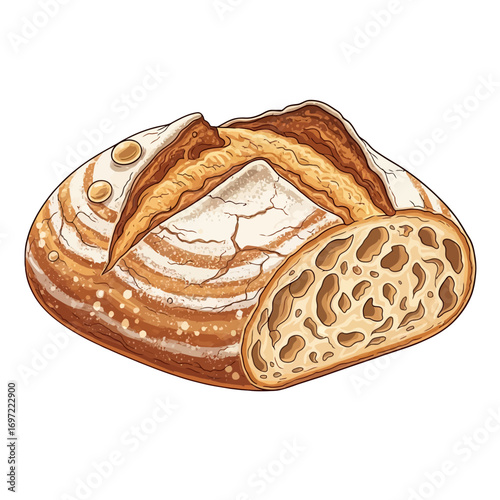 Freshly baked artisan bread loaf with a crusty exterior and airy interior, showcasing texture