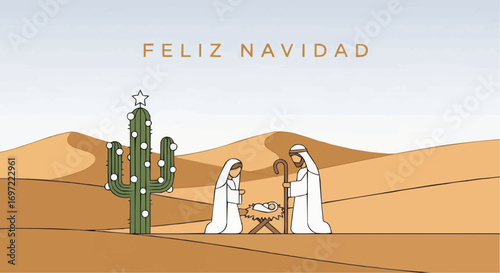 Feliz navidad christmas nativity scene in desert landscape with cactus and star holiday vector illustration vector