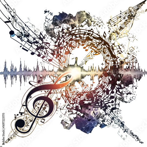 Abstract representation of music with notes and sound waves in a vibrant, colorful design