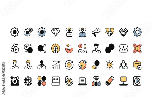 Business and Finance Icons Set Strategy, Teamwork, Communication, Success, Development, Management