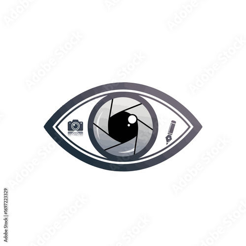 Artistic representation of a camera lens within an eye, symbolizing vision and creativity