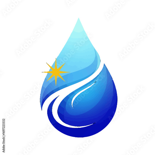 Abstract blue water droplet with a star, symbolizing purity and freshness, ideal for eco-themed designs