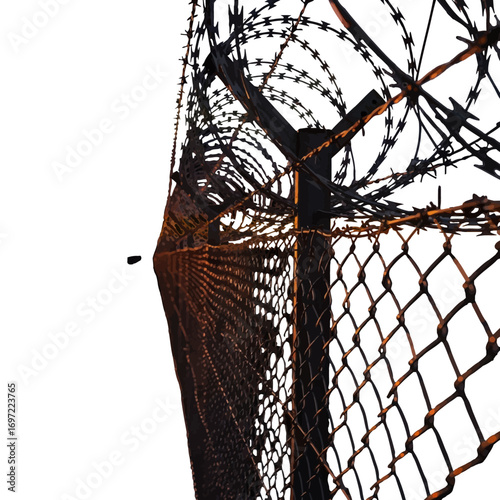 Barbed wire fence casting shadows during sunset, highlighting security measures in an urban area