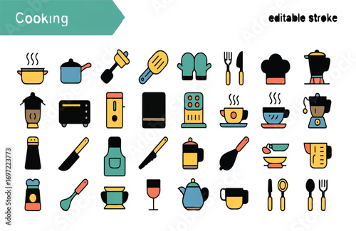A Collection of Colorful Vector Icons Representing Kitchen Utensils, Appliances, and Cooking Essentials for Culinary Designs