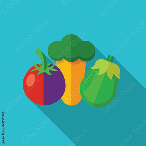 Colourful flat design icon mixing broccoli, capsicum, and eggplant with long shadow effect
