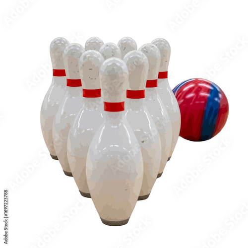A bowling scene featuring ten pins arranged in a triangle with a colorful ball ready to roll
