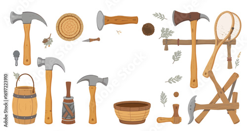 Traditional Wooden Tools and Bathhouse Accessories Collection.