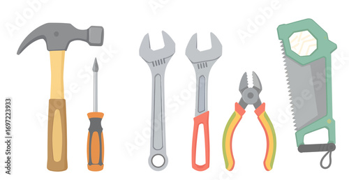 Illustrated set of common workshop hand tools on white background.