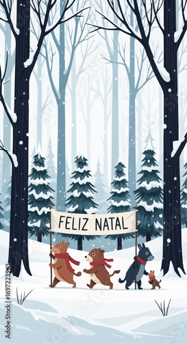 Feliz natal christmas winter forest scene with cute animals carrying banner illustration vector graphic design vector