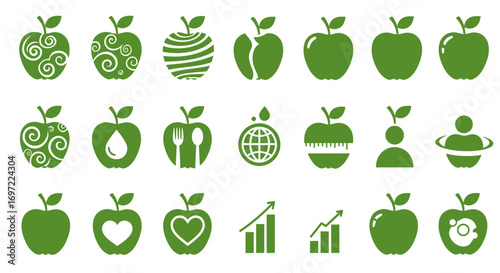 Collection of green apple icons featuring various designs and symbols for healthy lifestyle, food, and technology concepts.