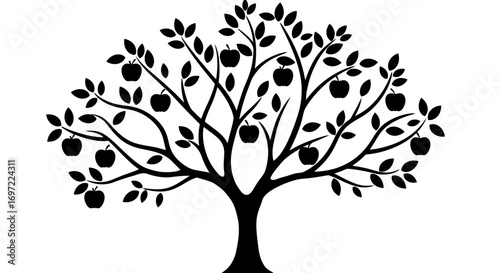 Vector illustration of a stylized apple tree with numerous apples and leaves, perfect for various design projects needing a nature or fruit theme, available as a high-resolution PNG file.
