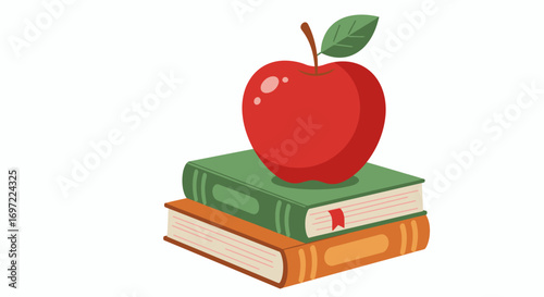 A vibrant red apple sits atop a stack of two books, creating a visually appealing and symbolic image ideal for education, knowledge, or healthy lifestyle concepts.  The vector graphic is available as