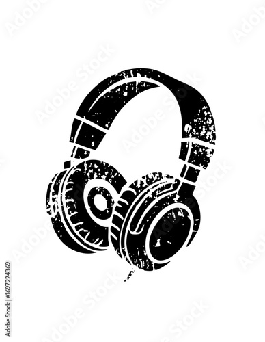Vector Distressed black headphones with a vintage aesthetic.