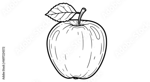 A crisp black and white vector illustration of a fresh apple with a single leaf, perfect for educational materials, design projects, and healthy eating concepts.