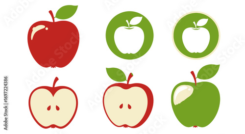 A collection of apple illustrations in vector format, showcasing whole and halved apples in various colors, perfect for designs needing a fresh, natural touch.