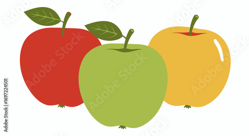 A vibrant vector illustration showcases a trio of fresh, ripe apples in classic red, crisp green, and sunny yellow, perfect for healthy eating concepts.