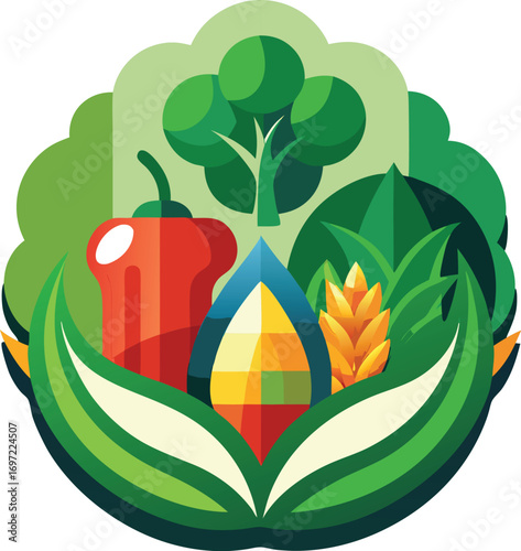 Icon of broccoli, eggplant, and bell pepper merged into abstract organic form, vector flat style.