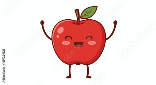 A cheerful red apple character with a cute smiling face and raised arms, isolated on a white background, perfect for illustrating healthy eating and nutrition.