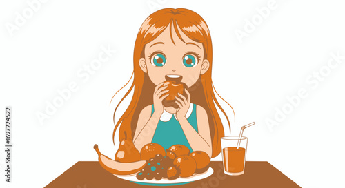 A young girl with red hair happily eats a piece of fruit, surrounded by a healthy assortment of fresh produce and a glass of juice.