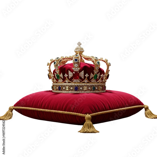 Ornate golden crown adorned with colorful jewels resting on a plush red cushion, symbolizing royalty