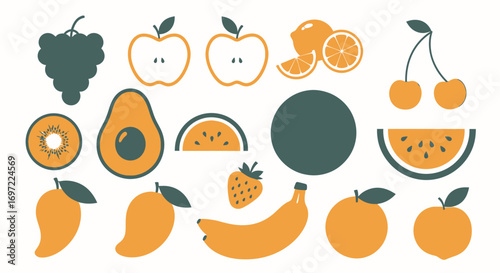 A vibrant vector illustration showcases a collection of various fruits, including apples, oranges, bananas, and grapes, presented in a clean, modern, and appealing graphic design.