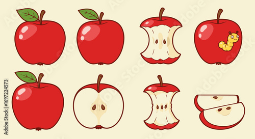 A vibrant vector illustration showcases a collection of red apples in various states, from whole and sliced to eaten, set against a light beige background.