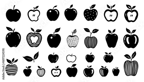 Collection of vector apple icons in PNG format, perfect for websites, apps, and various design projects needing simple, yet detailed fruit illustrations.  These versatile icons are easily scalable